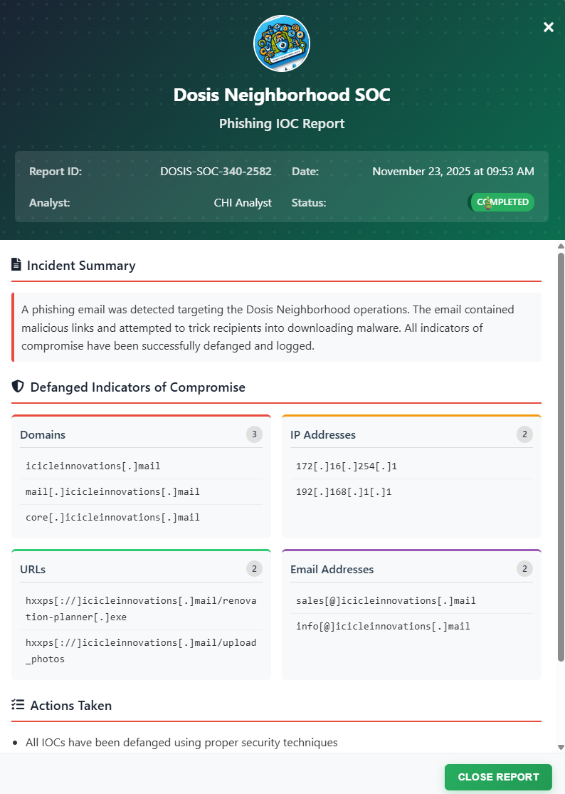 Defang and send report